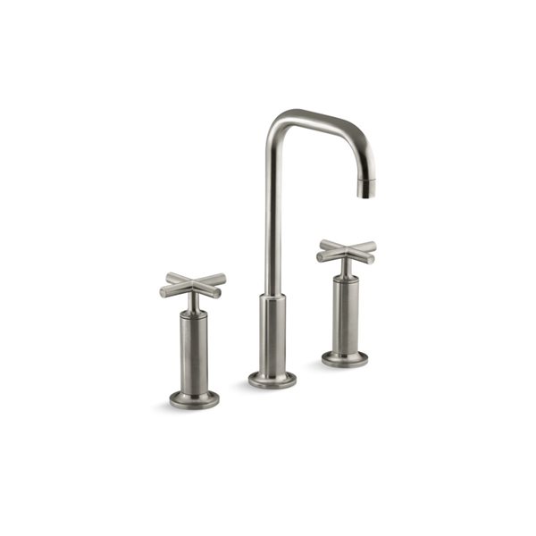 KOHLER Vibrant Brushed Nickel Purist® Widespread Bathroom Faucet with High Cross Handles and Gooseneck Spout