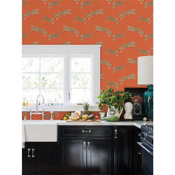 Scalamandre 30.75-sq. ft. Orange Clementine Leaping Cheetah Vinyl Peel and Stick Wallpaper