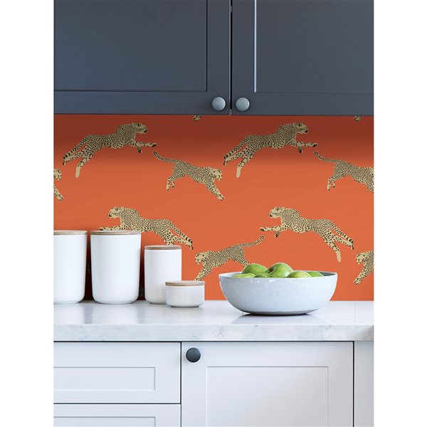 Scalamandre 30.75-sq. ft. Orange Clementine Leaping Cheetah Vinyl Peel and Stick Wallpaper