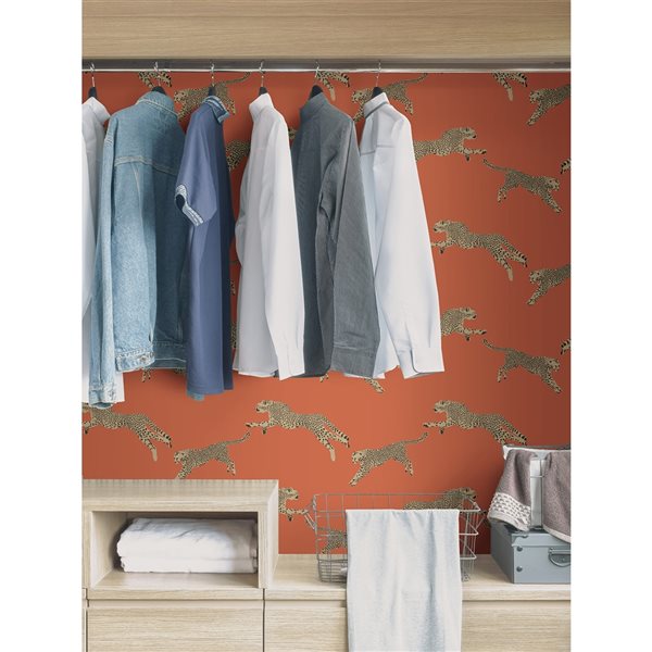 Scalamandre 30.75-sq. ft. Orange Clementine Leaping Cheetah Vinyl Peel and Stick Wallpaper