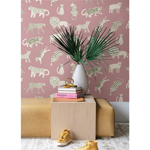 Leah Duncan x Nuwallpaper 30.75-sq. ft. Pink Kitty Kitty Vinyl Peel and Stick Wallpaper