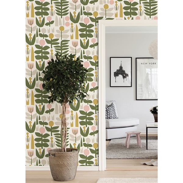 Leah Duncan x Nuwallpaper 30.75-sq. ft. Yellow a Bit of Folk Vinyl Floral Peel and Stick Wallpaper