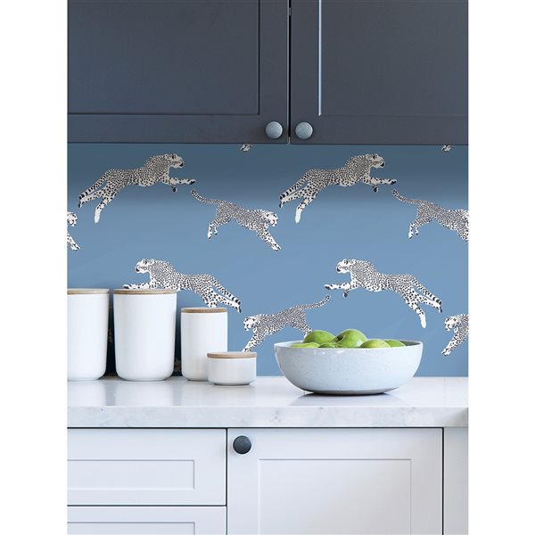 Scalamandre 30.75-sq. ft. Blue Cloud Nine Leaping Cheetah Vinyl Peel and Stick Wallpaper