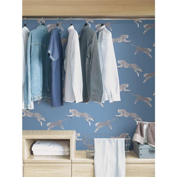 Scalamandre 30.75-sq. ft. Blue Cloud Nine Leaping Cheetah Vinyl Peel and Stick Wallpaper