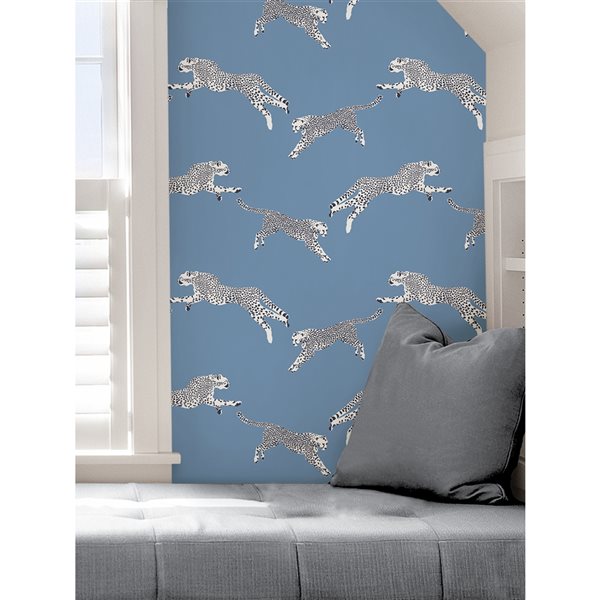 Scalamandre 30.75-sq. ft. Blue Cloud Nine Leaping Cheetah Vinyl Peel and Stick Wallpaper