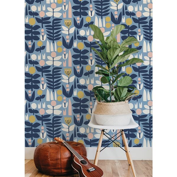 Leah Duncan x Nuwallpaper 30.75-sq. ft. Blue a Bit of Folk Vinyl Floral Peel and Stick Wallpaper