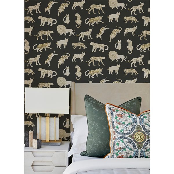 Leah Duncan x Nuwallpaper 30.75-sq. ft. Black Kitty Kitty Vinyl Peel and Stick Wallpaper