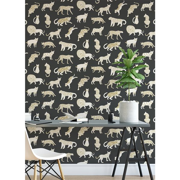 Leah Duncan x Nuwallpaper 30.75-sq. ft. Black Kitty Kitty Vinyl Peel and Stick Wallpaper