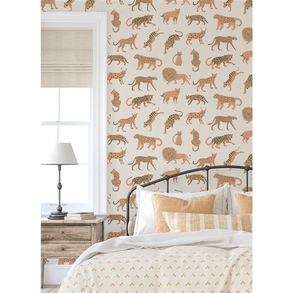 Leah Duncan x Nuwallpaper 30.75-sq. ft. Off-White Tangerine Kitty Kitty Vinyl Peel and Stick Wallpaper