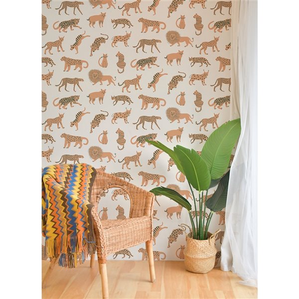 Leah Duncan x Nuwallpaper 30.75-sq. ft. Off-White Tangerine Kitty Kitty Vinyl Peel and Stick Wallpaper