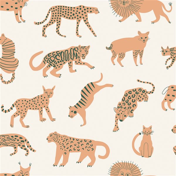 Leah Duncan x Nuwallpaper 30.75-sq. ft. Off-White Tangerine Kitty Kitty Vinyl Peel and Stick Wallpaper