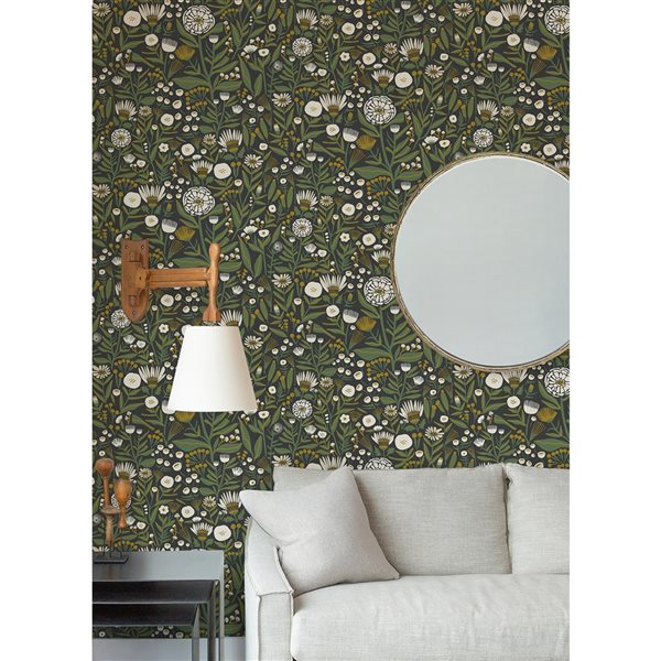 Leah Duncan x Nuwallpaper 30.75-sq. ft. Black Marigold Forest Vinyl Floral Peel and Stick Wallpaper