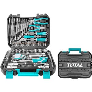 Total Tools Standard (SAE) and Metric Polished Chrome Mechanics Tool Set with Toolbox - 100-Piece