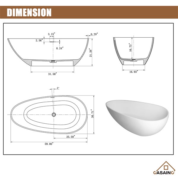 CASAINC 31-in x 59-in White Solid Surface Oval Freestanding Bathtub with Center Drain