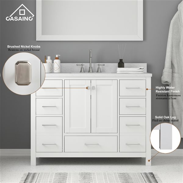 Casainc 47.2in White Single Sink Bathroom Vanity with White Marble Top