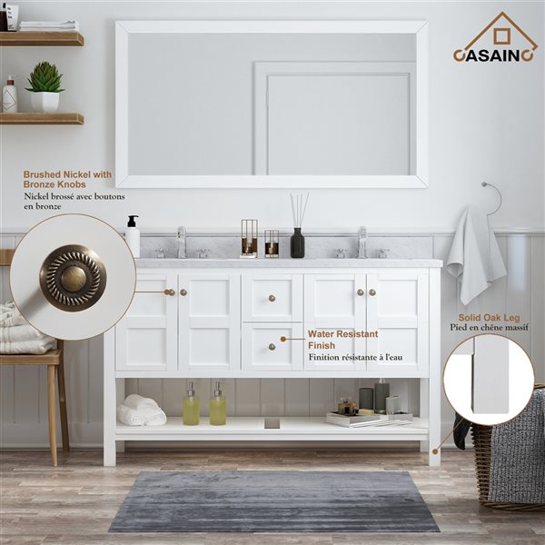 CASAINC 59-in x 35.4-in White Double Sink Bathroom Vanity with White Marble Top