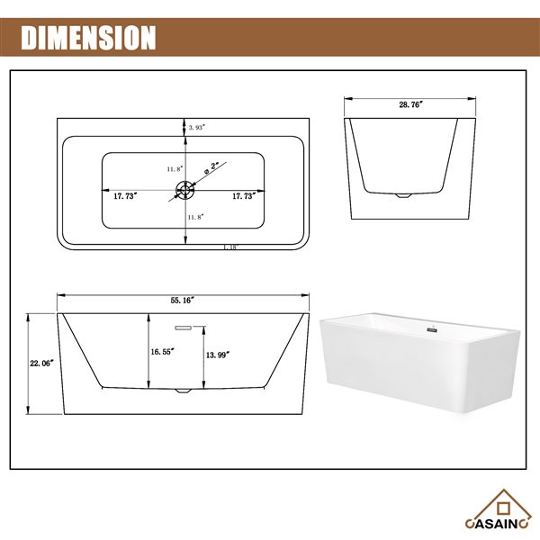 CASAINC 28.74-in x 55.16-in White Acrylic Rectangular Center Drain Freestanding Bathtub