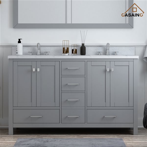 CASAINC 60-in Grey Double Sink Bathroom Vanity with White Marble Top