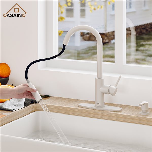 CASAINC 1-Handle Deck Mount High-Arc Kitchen Faucet with Deck Plate in Matte White