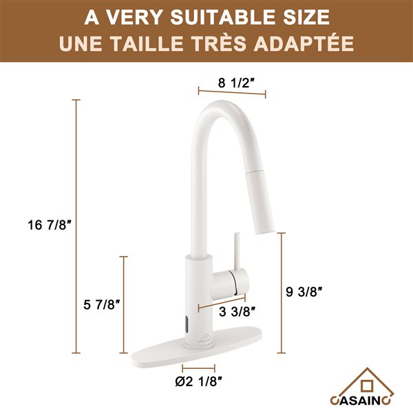 CASAINC 1-Handle Deck Mount High-Arc Kitchen Faucet with Deck Plate in Matte White