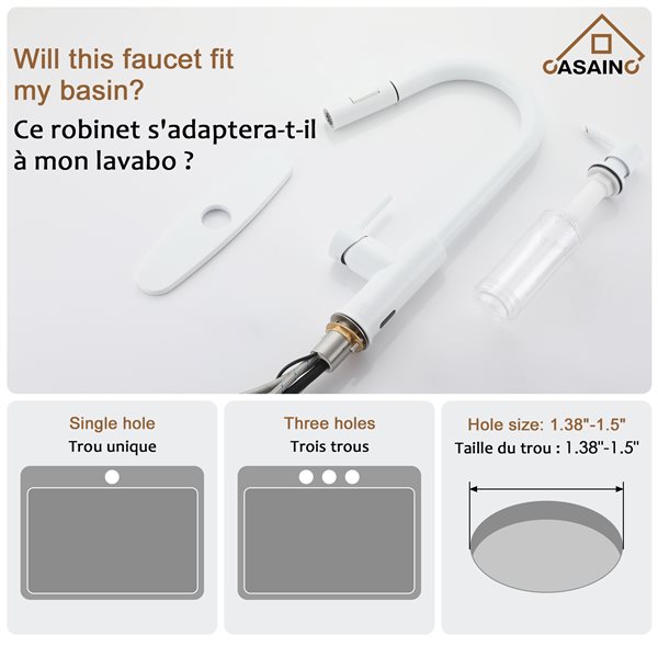 CASAINC 1-Handle Deck Mount High-Arc Kitchen Faucet with Deck Plate in Matte White