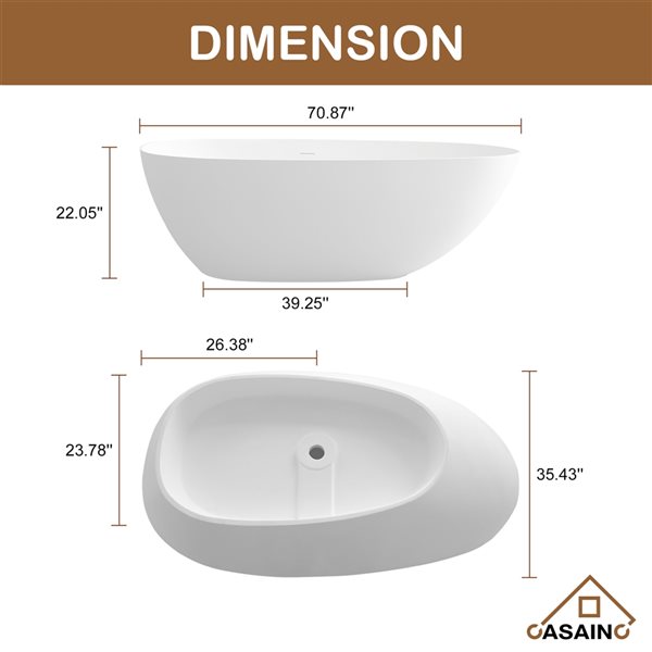 CASAINC 35.43-in x 70.87-in White Solid Surface Oval Center Drain Freestanding Bathtub