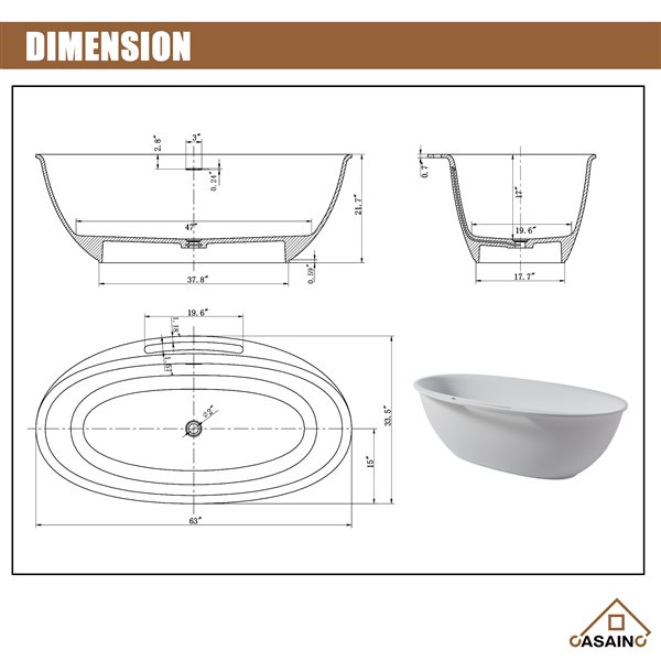 CASAINC 33.5-in x 63-in White Solid Surface Oval Center Drain Freestanding Bathtub