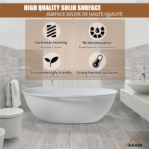 CASAINC 33.5-in x 63-in White Solid Surface Oval Center Drain Freestanding Bathtub