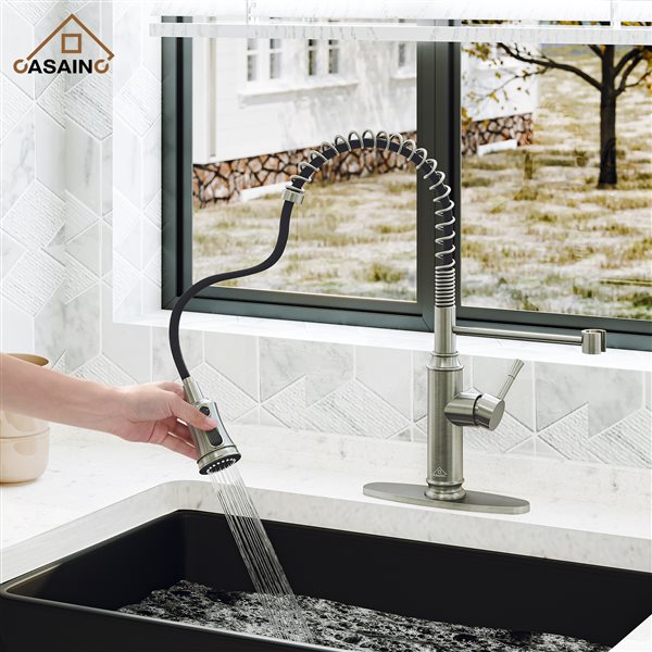 CASAINC Brushed Nickel 1-Handle Deck Mount Pull-Out Kitchen Faucet with Deck Plate