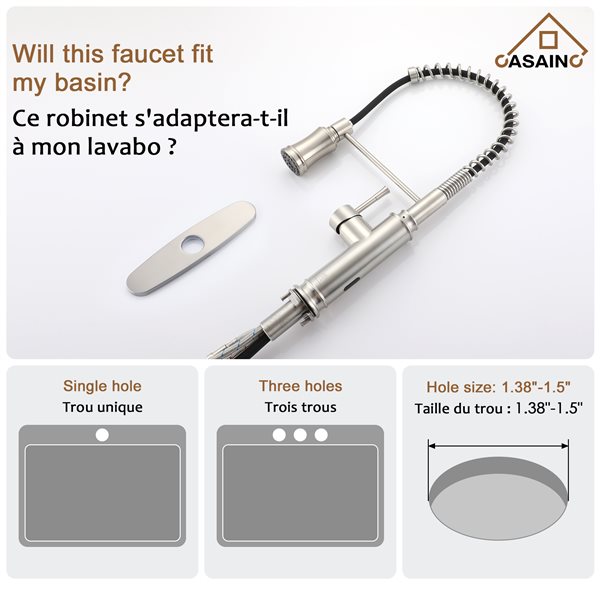 CASAINC Brushed Nickel 1-Handle Deck Mount Pull-Out Kitchen Faucet with Deck Plate