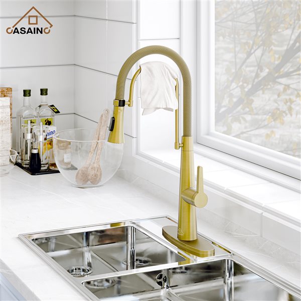 CASAINC Brushed Gold 1-Handle Deck Mount High-Arc Kitchen Faucet with Deck Plate