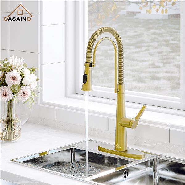 CASAINC Brushed Gold 1-Handle Deck Mount High-Arc Kitchen Faucet with Deck Plate