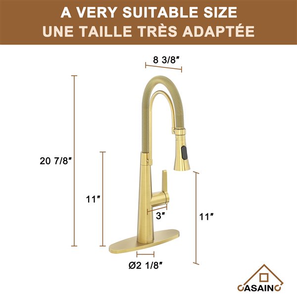 CASAINC Brushed Gold 1-Handle Deck Mount High-Arc Kitchen Faucet with Deck Plate