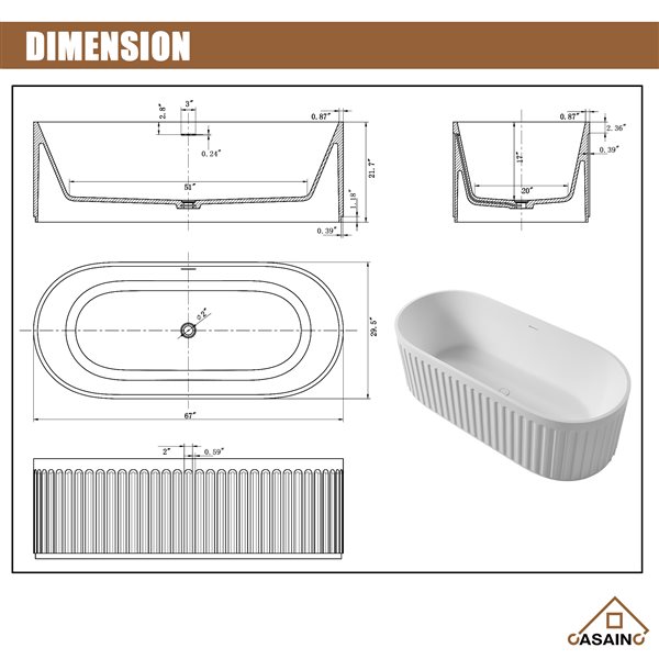 CASAINC 29.5-in x 67-in White Solid Surface Oval Center Drain Freestanding Bathtub