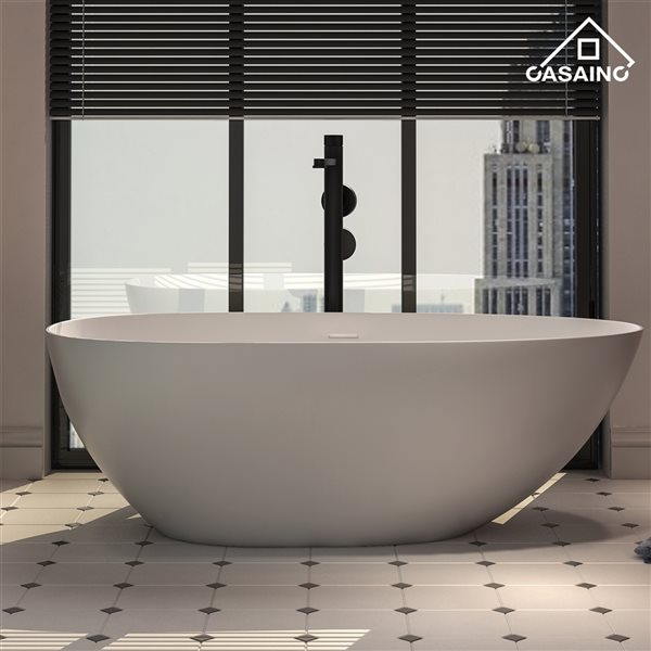 CASAINC 31-in x 59-in White Solid Surface Oval Center Drain Freestanding Bathtub