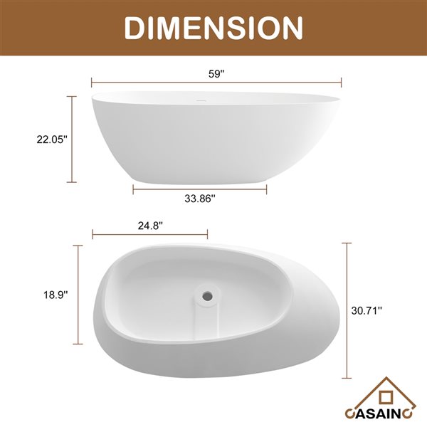 CASAINC 31-in x 59-in White Solid Surface Oval Center Drain Freestanding Bathtub