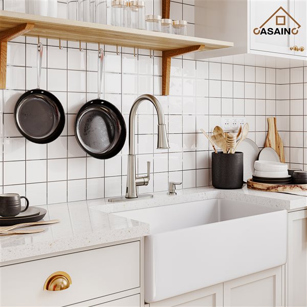 CASAINC Brushed Nickel 1-Handle Deck Mount High-Arc Kitchen Faucet with Deck Plate and LED