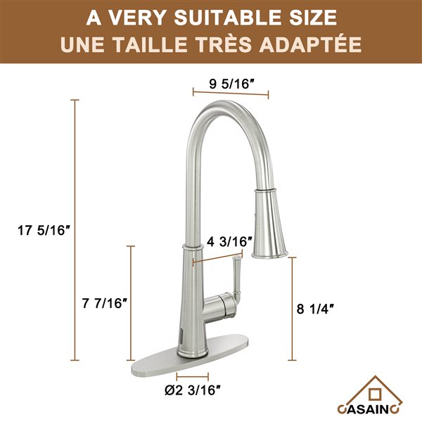 CASAINC Brushed Nickel 1-Handle Deck Mount High-Arc Kitchen Faucet with Deck Plate and LED
