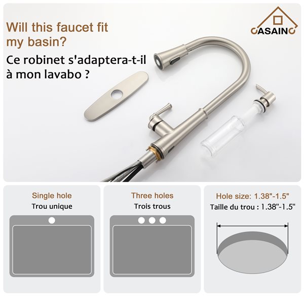 CASAINC Brushed Nickel 1-Handle Deck Mount High-Arc Kitchen Faucet with Deck Plate and LED