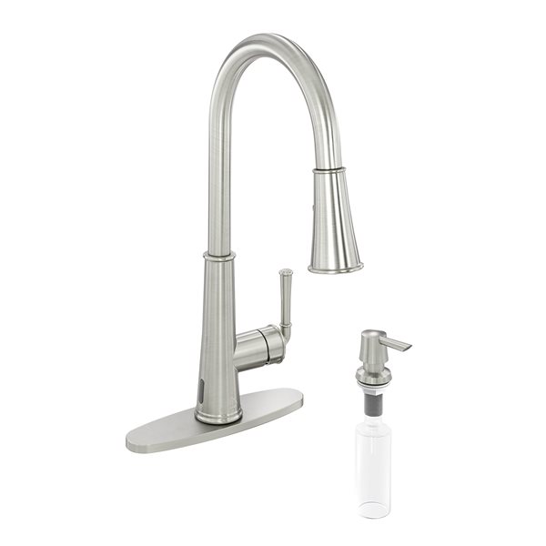 CASAINC Brushed Nickel 1-Handle Deck Mount High-Arc Kitchen Faucet with Deck Plate and LED
