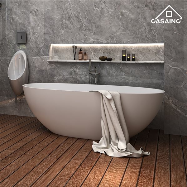 CASAINC 29.53-in x 64.96-in White Solid Surface Oval Center Drain Freestanding Bathtub