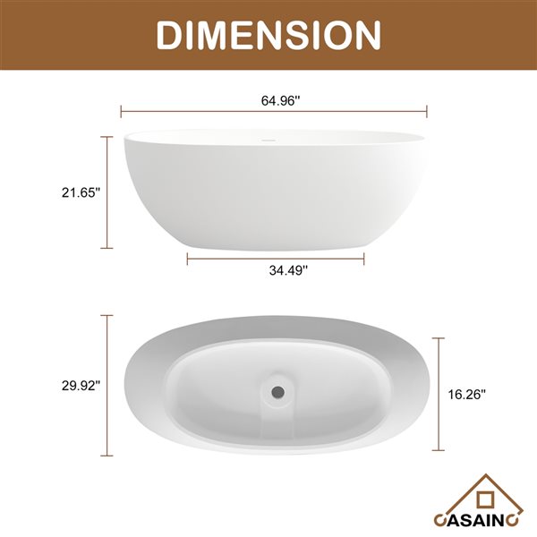 CASAINC 29.53-in x 64.96-in White Solid Surface Oval Center Drain Freestanding Bathtub