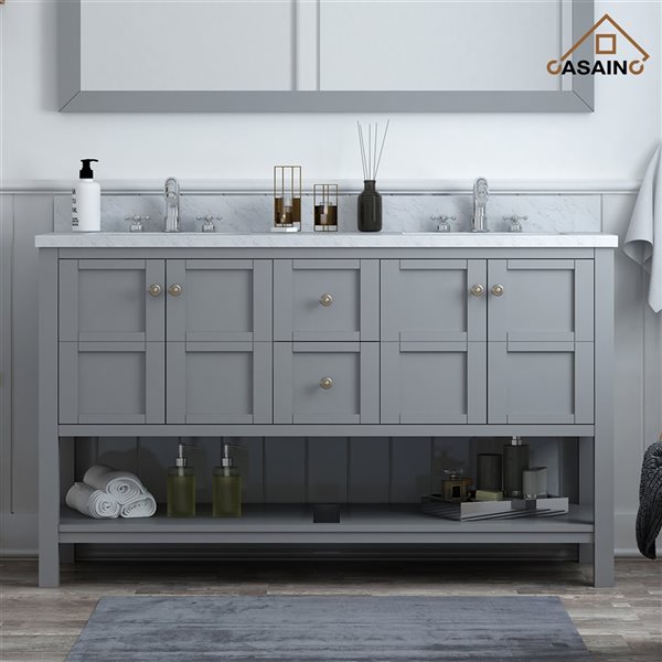 CASAINC 59-in Grey Double Sink Bathroom Vanity with White Marble Top