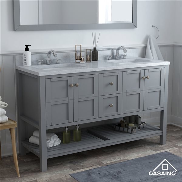 CASAINC 59-in Grey Double Sink Bathroom Vanity with White Marble Top