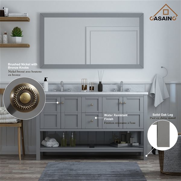 CASAINC 59-in Grey Double Sink Bathroom Vanity with White Marble Top