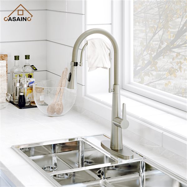 CASAINC Brushed Nickel 1-Handle Deck Mount High-Arc Kitchen Faucet with Deck Plate