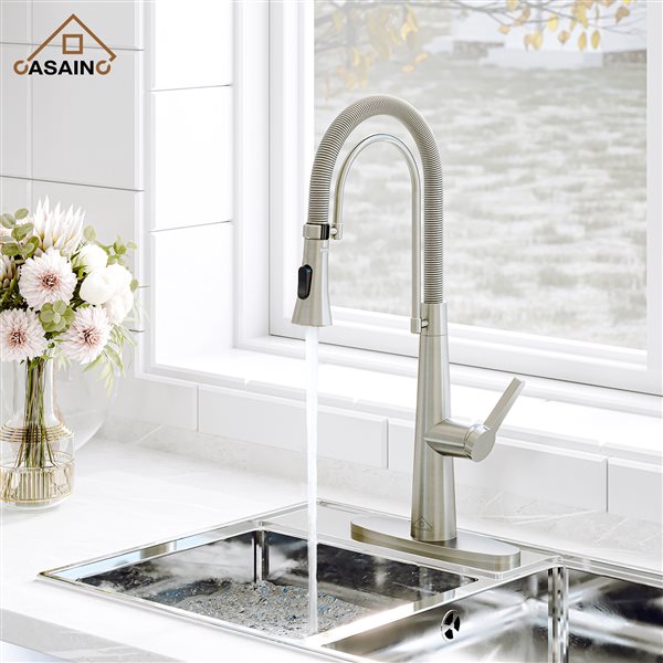 CASAINC Brushed Nickel 1-Handle Deck Mount High-Arc Kitchen Faucet with Deck Plate