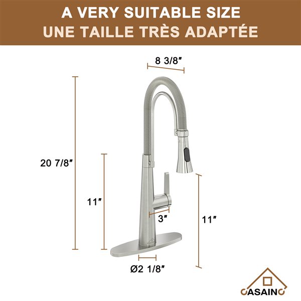 CASAINC Brushed Nickel 1-Handle Deck Mount High-Arc Kitchen Faucet with Deck Plate