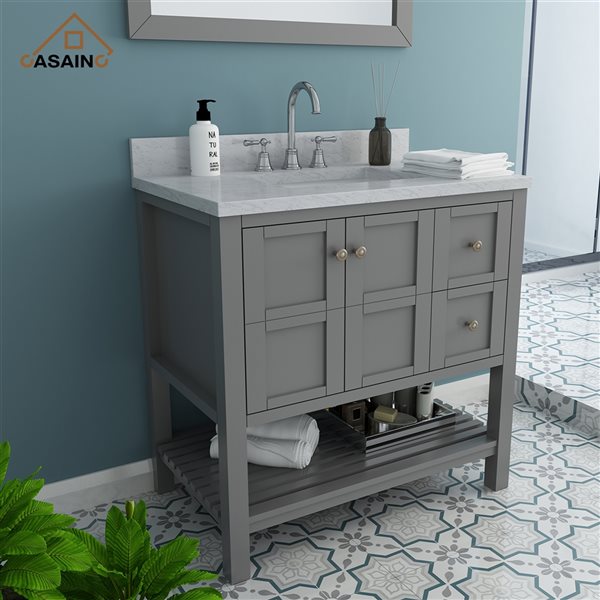 CASAINC 35.2-in Grey Single Sink Bathroom Vanity and White Marble Top