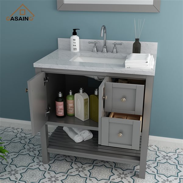 CASAINC 35.2-in Grey Single Sink Bathroom Vanity and White Marble Top